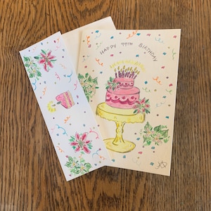 Aquarelle de carte de joyeux anniversaire faite main, carte du 99e anniversaire, enveloppe florale de lys de carte de gâteau de joyeux anniversaire