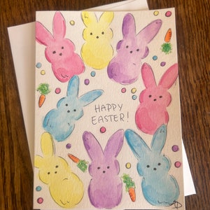 Carte de Pâques faite main Joyeuses Pâques Carte de Pâques faite main aquarelle Peeps, carte de lapin de Pâques