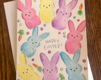 Happy Easter peeps card, handmade happy Easter card watercolor custom card peeps bunnies, Easter bunny card