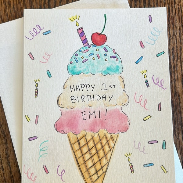 Ice cream birthday card custom cute handmade watercolor custom name birthday card, personalized ice cream card birthday