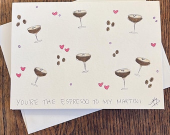 Tarjeta de acuarela de Espresso Martini, tarjeta de felicitación artística hecha a mano