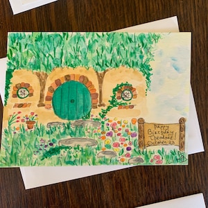 Carte d'anniversaire Hobbit Hole, carte d'anniversaire Le Seigneur des anneaux, carte de bout de sac, carte de hobbit, carte personnalisable aquarelle faite main