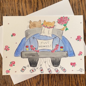 Carte Just Meowied, carte de mariage de chats, carte de félicitations de mariage juste marié, aquarelle faite main de miaou, carte de chats juste marié