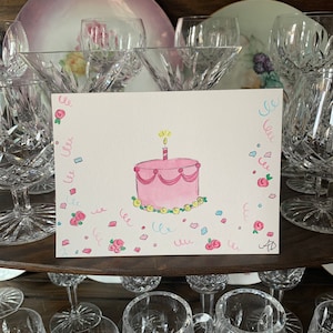Carte de gâteau de joyeux anniversaire, aquarelle de carte de gâteau faite main, carte personnalisée de carte de gâteau rose d'anniversaire de tout âge