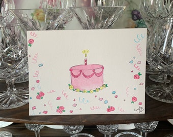 Happy birthday card cake, handmade cake card watercolor, any age birthday pink cake card custom card