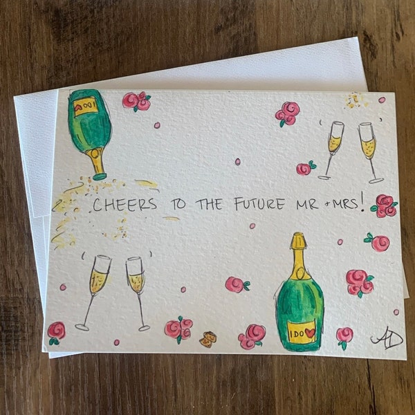 Tarjeta de compromiso hecha a mano: Brindis con champán, diseño en acuarela.