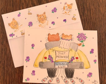 Custom Watercolor Cat Wedding Card: Personalized Bride and Groom