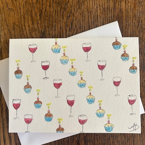 Carte d'anniversaire vin et cupcakes, carte d'anniversaire faite main vin, carte d'anniversaire vin rouge