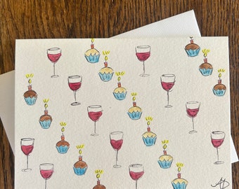 Handmade Wine & Cupcakes Birthday Card: Watercolor Design