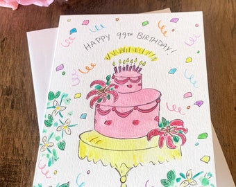 Tarjeta de cumpleaños número 99 hecha a mano con acuarela: Pastel y lirios