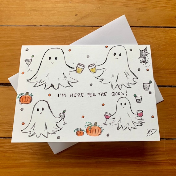Handmade Halloween Ghost Card: Here for the Boos Watercolor Design