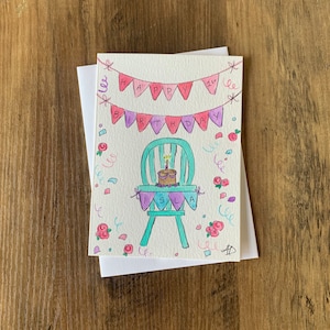 Carte pour le premier anniversaire de bébé, gâteau fait main pour le premier anniversaire de bébé, transformant une carte, aquarelle de carte personnalisée pour le premier anniversaire de bébé peinte à la main