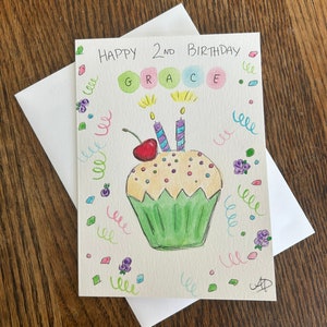 Carte d'anniversaire cupcake, âge personnalisé fait main, deuxième carte d'anniversaire cupcake aquarelle, carte personnalisable cupcake d'anniversaire, prénom personnalisé