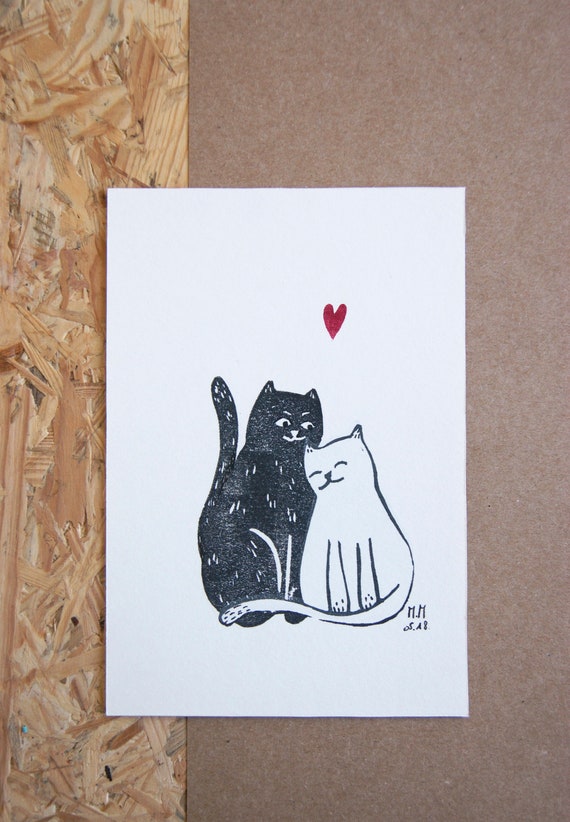 Black Cat White Cat Linocut