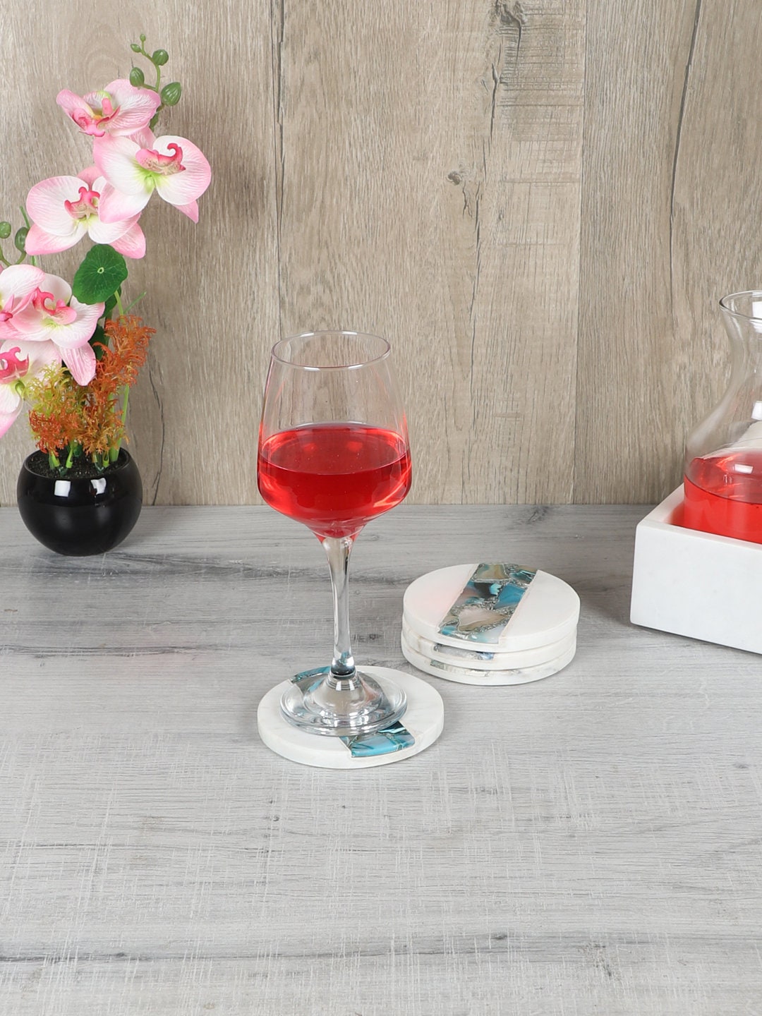 Made Marble Coaster Original Blue Agate Inlay Set de 04, Tea Coaster, Cadeau d'anniversaire, Coffret