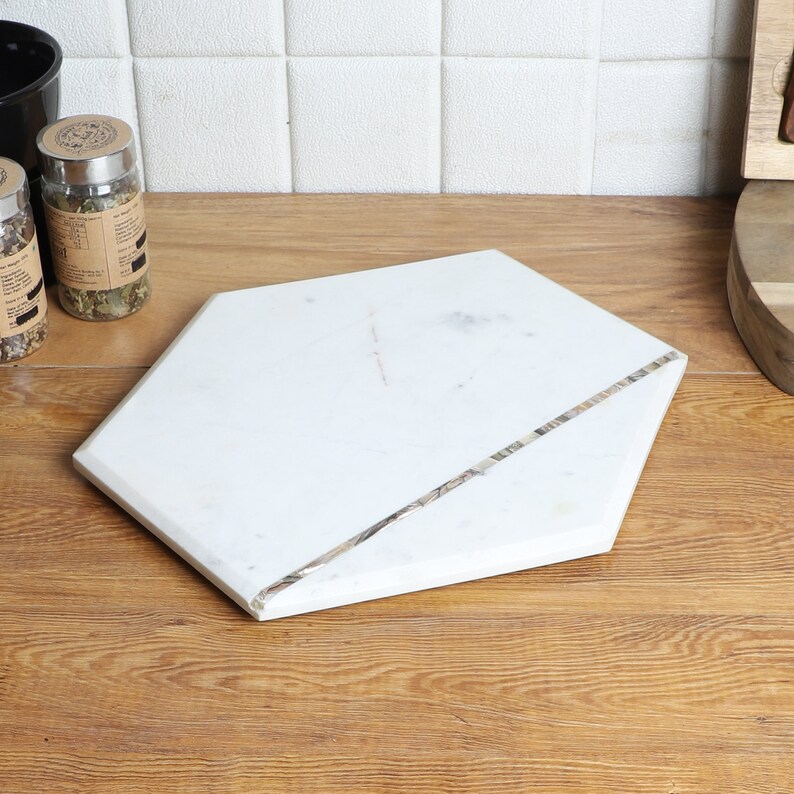Indian Handmade Marble Mop Hexagon Platter, Serving Platter, Tray, Cheese Board, Inlay Platter, Medium Size