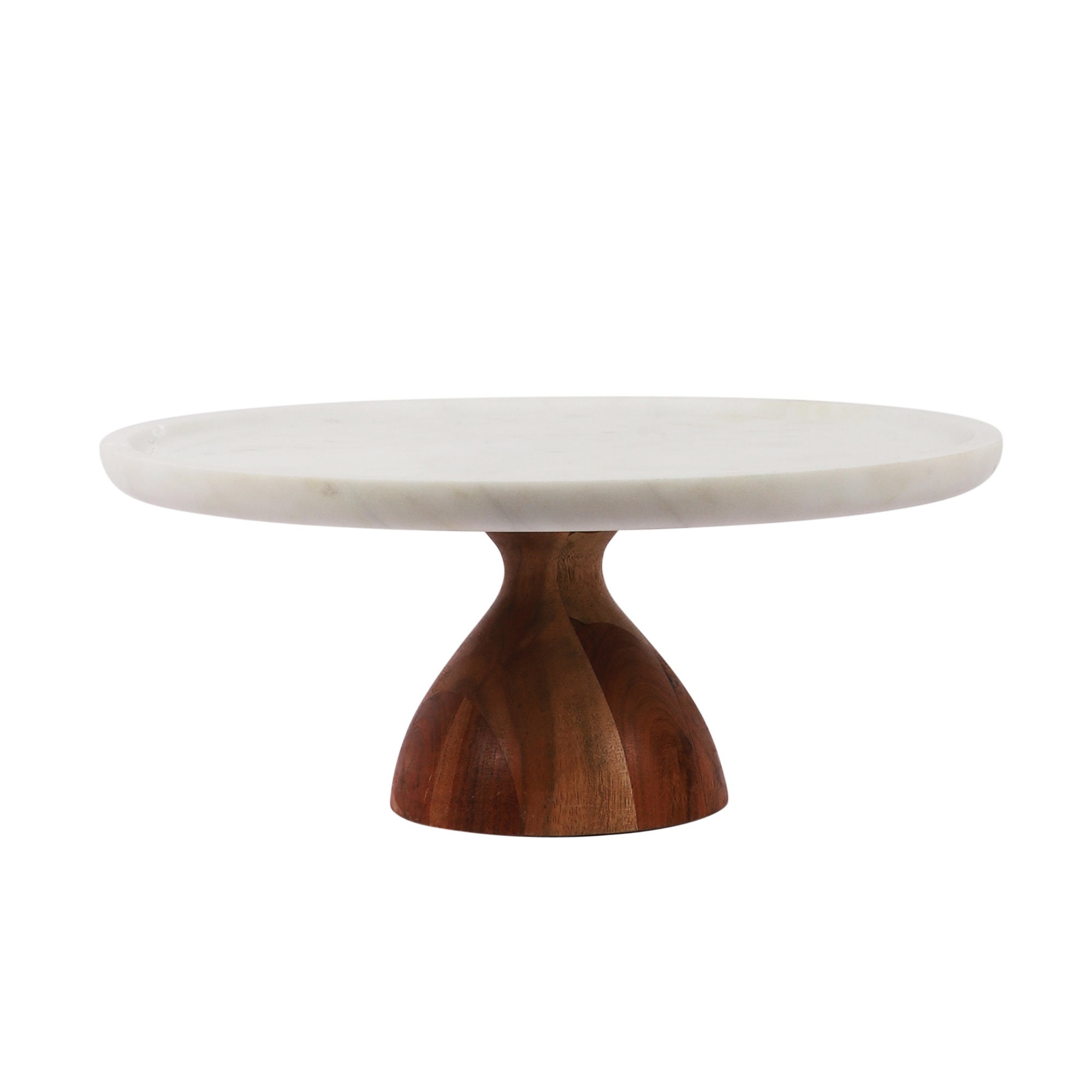 Handmade White Marble Cake Stand, Cake Server With Round Wooden Base