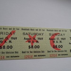 1969 WOODSTOCK Original__UNBENUTZTE__3-Tage KONZERTTICKET__Jimi Hendrix__The Who__Grateful Dead__Janis Joplin__EX++