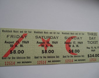 1969 WOODSTOCK Original__UNUSED__3 Day CONCERT TICKET__Jimi Hendrix__The Who__Grateful Dead__Janis Joplin__EX++