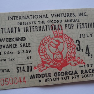 1970 ATLANTA POP FESTIVAL Original Konzertkarte Stub__Jimi Hendrix, Allman Brothers, Grand Funk, Bob Seger, Ten Year After, Mountain