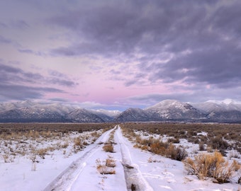 Pink And Purple Mountain Sunset/Fine Art Print/Mountain Snow/Orchid Sky Reflected On Snow/Tracks Leading To Mountains/Home And Wall Decor