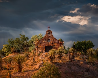 The Little Stone Chapel/Chapel In El Valle de Arroyo Seco/New Mexico/Chapel Glows Orange At Sunset/Storm Approaches/Sun Rays Through Clouds