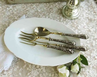 RAR! antikes Vorlegebesteck, Jugendstil, 4-teilig, versilbert, FRANKREICH; France: antique serving cutlery, silver plated; french Brocante