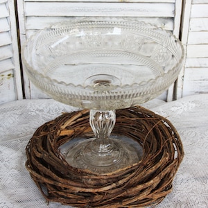 Large glass bowl on a base, antique fruit bowl, centerpiece, Art Deco, France; big glass bowl with base, fruit bowl, France; country house cottage