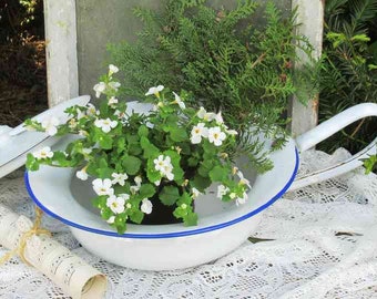 old bedpan with enamel lid; old bedpan with lid enamel; Vintage, brocante, country house decoration, garden decoration, country house garden