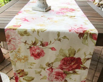 Chemin de table structure en lin motif rose; motif de rose de chemin de table; Maison de campagne, table à manger, salle à manger, chalet, cuisine de maison de campagne, terrasse, linge de table