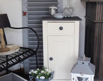 antique bedside table very light grey, cupboard; antique cabinet grey bedside table; country house brocante vintage cottage bedroom hallway