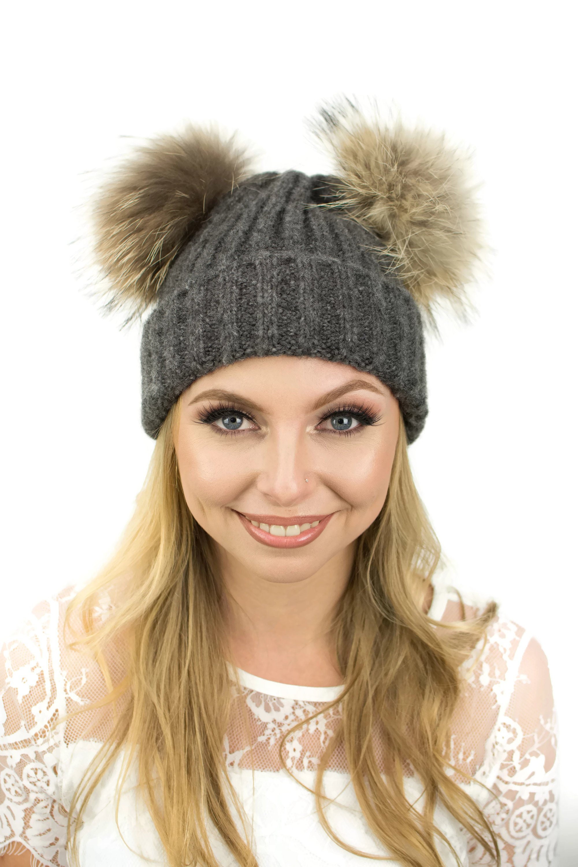 Real Fur Pom Pom Toque Toque Winter 