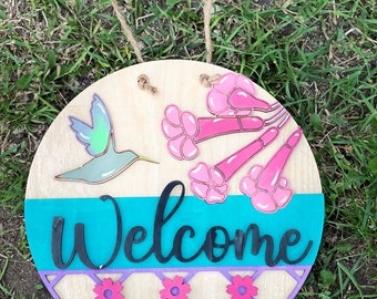 humming bird welcome sign/ flower sign/ welcome sign/ door hanger/ wooden door hanger for front door/ 3d wood hanger/ welcome gift