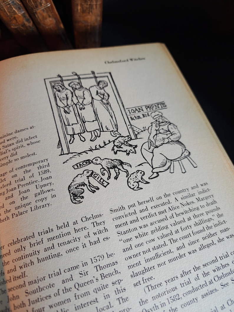 May include: An open book with a black and white illustration depicting a historical scene. The image shows three figures hanging from a gallows, with a man seated nearby and several animal figures. Text includes names and historical details.