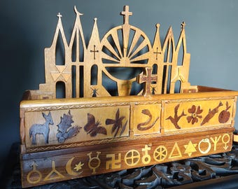 Rare Hand Made Occult/ Pagan/ Religious Altar with inlaid magical symbols! Dated 1975. Christian Witchcraft!
