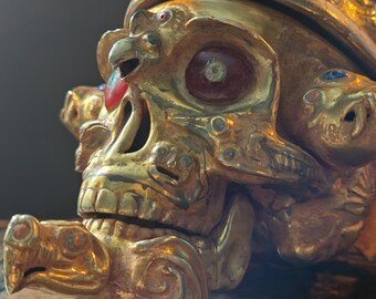 Rare Vintage Peruvian Articulated Shamans Ceremonial Skull Vessel! Yellow Metal and Semi Precious Stones... SACRED VALLEY!