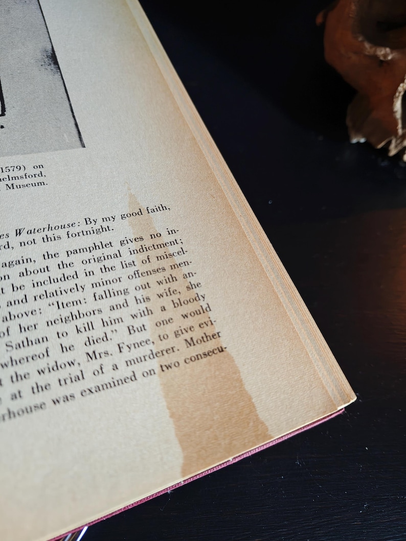May include: Open book with aged, yellowed pages. Text is visible, with a section of the page stained. The book's spine is red. The text includes the words "Waterhouse" and "indictment."