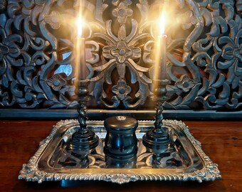 Beautiful Altar Set! Ornate Antique Silver Plate Tray plus Vintage Ebony Candlesticks and Lidded Celestial Pot ~ Witchcraft ~ Occult ~Pagan