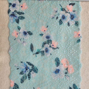1 m elastic lace, trimmings, blue pattern, 20 cm width
