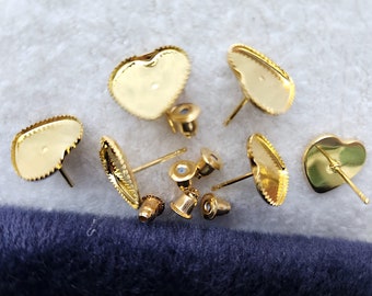 6 pcs. Stud earrings settings for cabochon 12 mm, gold color, metal