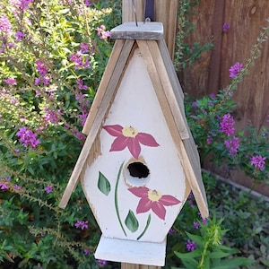 Rustic Birdhouse, Hand Painted Bird House for Outdoors, Reclaimed Barnwood, Cedar Shingle Roof, Floral Garden Decor, Country Porch Ornament