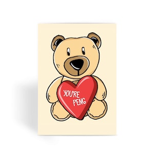 Peut inclure: Un ours en peluche de dessin animé tenant un cœur rouge qui dit "You're Peng".