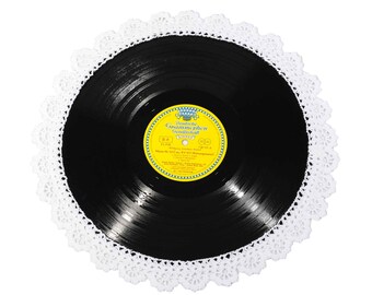 1x Vinyl Platzset Platzdeckchen Tischset Platzset Schallplatte LP Langspielplatte Ø 30 cm mit weißer Häkelspitze