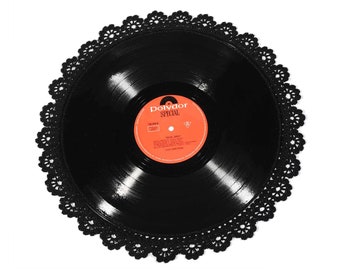 1x Vinyl Platzset Platzdeckchen Tischset Platzset Schallplatte LP Langspielplatte Ø 30 cm mit schwarzer Häkelspitze