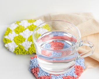 Handmade Round Checkered Coaster - Punch Needle Embroidered