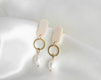 Pearl + Brass - 3D Printed Earrings - Freshwater Pearl