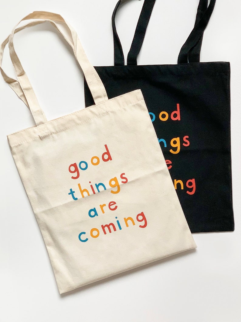 Good Things Are Coming Canvas Tote Bag - Natural/Black 