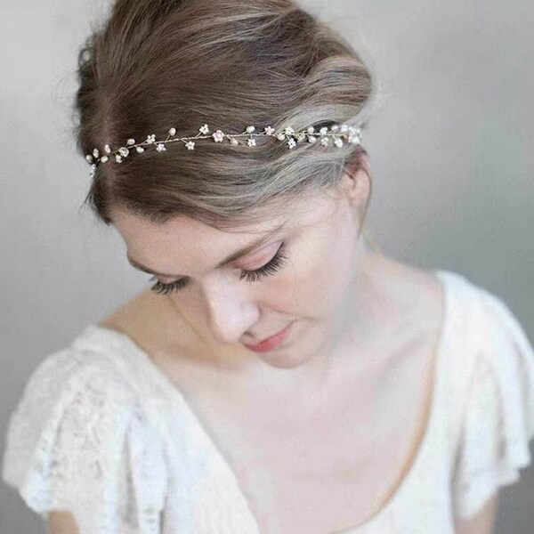 Simple Pearl Bridal Headband, Flower Girl Headband, Bridesmaid Headband, Gold Headband,Bridal Headpiece,Adjustable Hair Vine