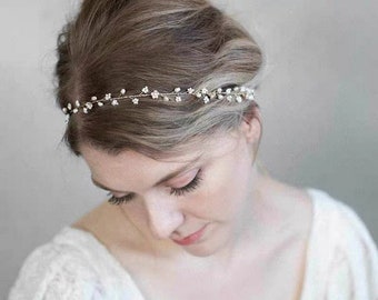 Simple Pearl Bridal Headband, Flower Girl Headband, Bridesmaid Headband, Gold Headband,Bridal Headpiece,Adjustable Hair Vine