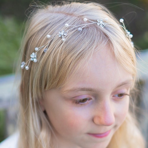 Silver Pearl Bridal Headband Flower Girl Hairband First Etsy